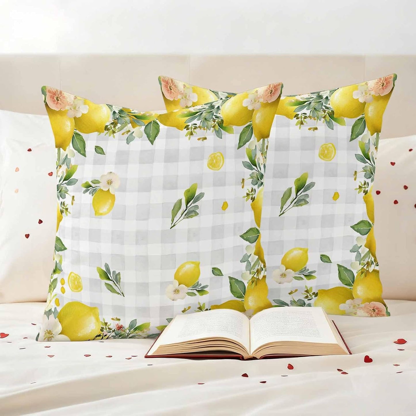 Outdoor Pillow Covers 18x18 Pack of 2, Summer Yellow Lemon on Grey Check Decorative Pillow Cover Waterproof Pillowcase, Farmhouse Fruit Theme Farmhouse Cushion Covers for Garden Patio Sofa Couch