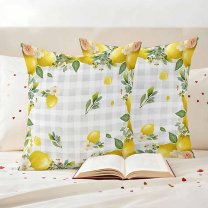 Outdoor Pillow Covers 18x18 Pack of 2, Summer Yellow Lemon on Grey Check Decorative Pillow Cover Waterproof Pillowcase, Farmhouse Fruit Theme Farmhouse Cushion Covers for Garden Patio Sofa Couch