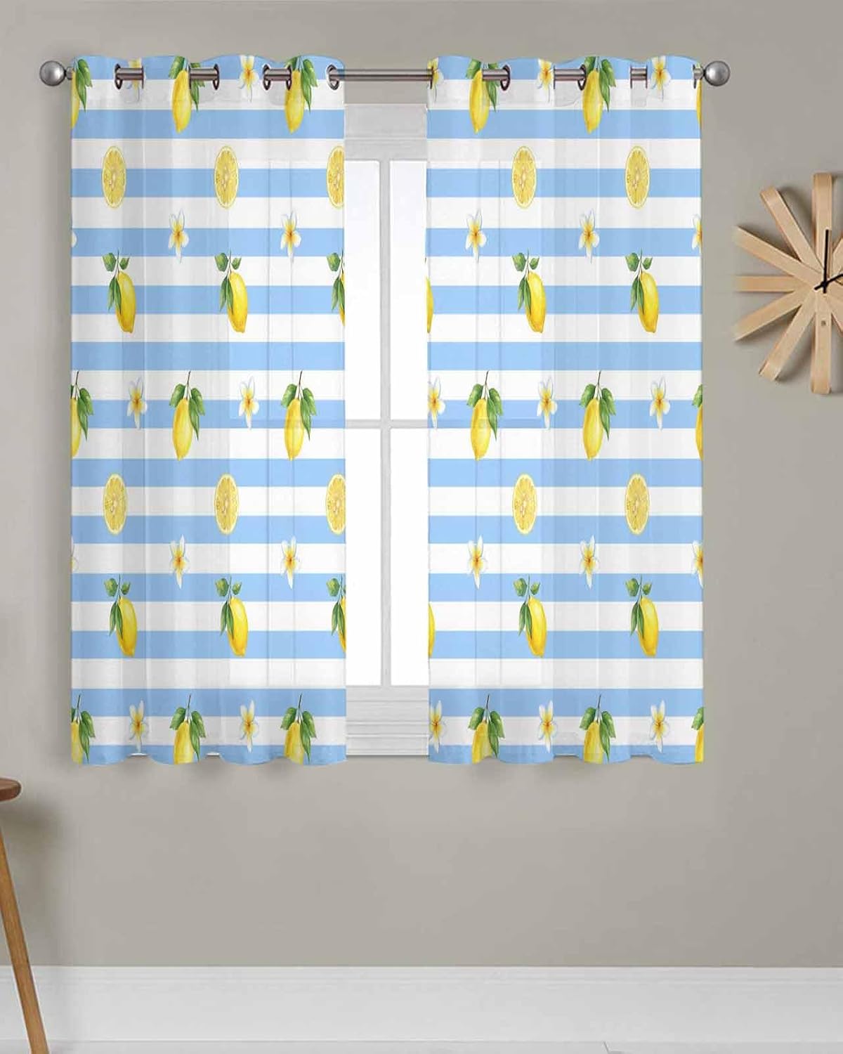 Summer Fruit Sheer Curtains 48 Inches Long 2 Panels Set, Watercolor Yellow Lemon Rustic Flower Plate Blue Stripes Chiffon Sheer Backdrop Curtains Sheer Curtain Panels for Bedroom Living Room 52x45in