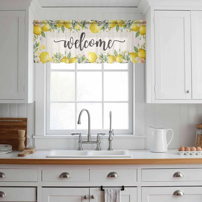 Country Sheer Curtain 18 Inch Long Welcome Yellow Lemon Farm Linen Texture Light Filtering Rod Pocket Voile Curtain Valance for Bedroom Kitchen Cafe Window 54" W x 18" L