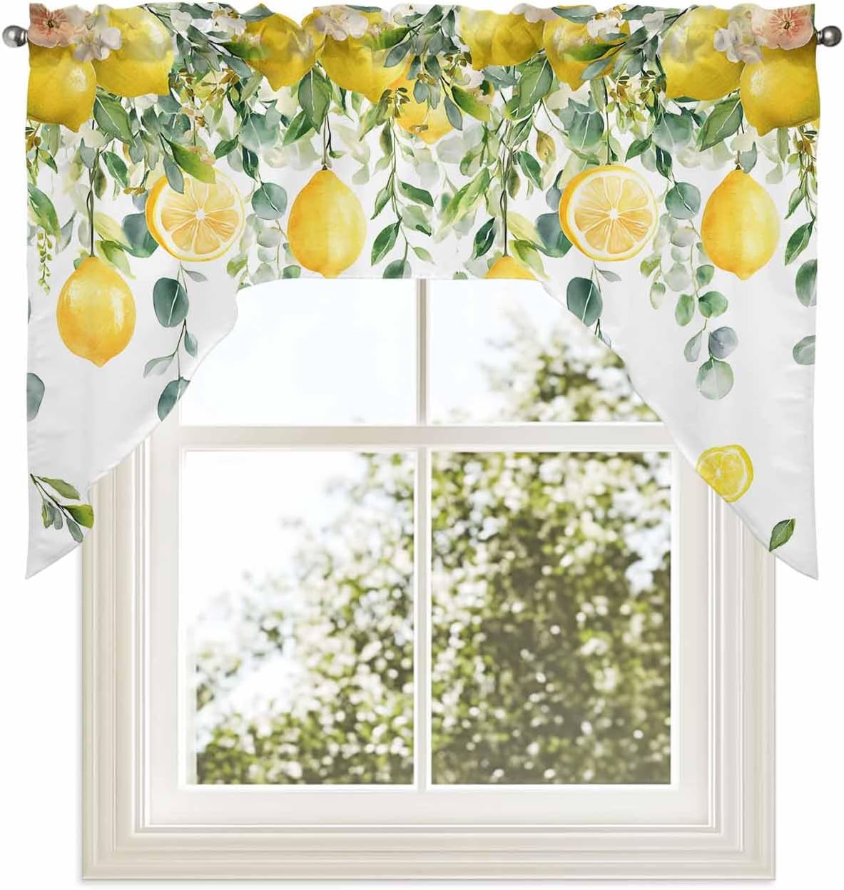 Yellow Lemon Swag Valances for Windows, Summer Fruit Swag Curtains for Kitchen, Living Room, Green Eucalyptus Leaf Flower Small Window Treatments Drapes Curtains for Cafe, Bathroom, Bedroom, 56"x36"