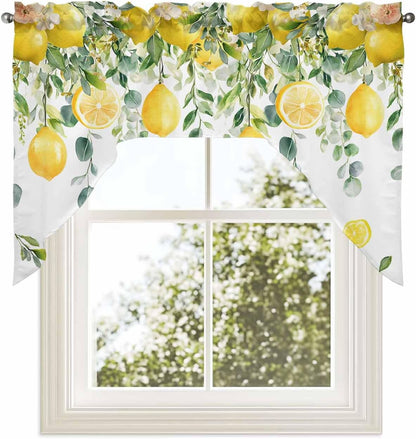 Yellow Lemon Swag Valances for Windows, Summer Fruit Swag Curtains for Kitchen, Living Room, Green Eucalyptus Leaf Flower Small Window Treatments Drapes Curtains for Cafe, Bathroom, Bedroom, 56"x36"