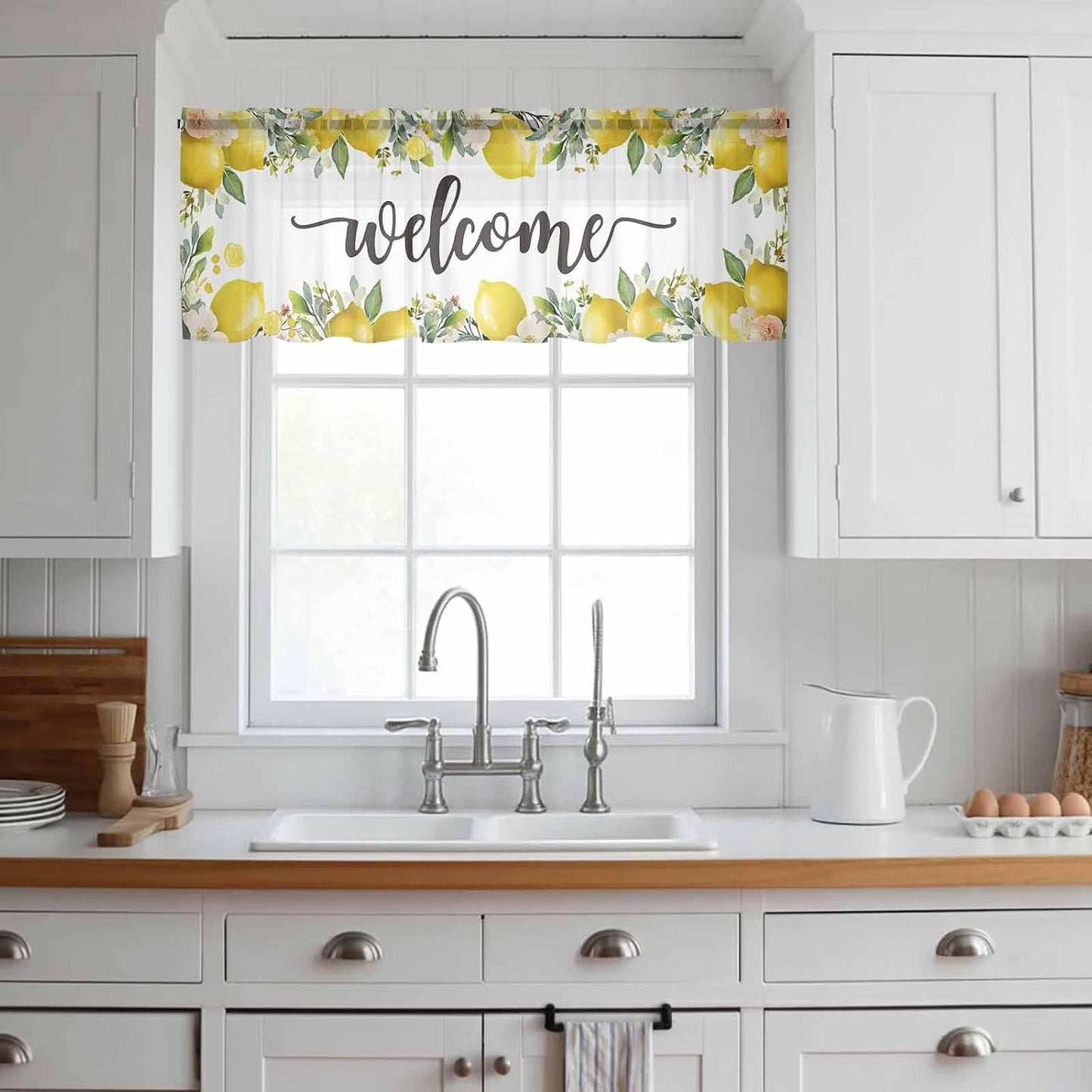 Country Sheer Curtain 18 Inch Long Welcome Yellow Lemon Farm White Background Light Filtering Rod Pocket Voile Curtain Valance for Bedroom Kitchen Cafe Window 54" W x 18" L