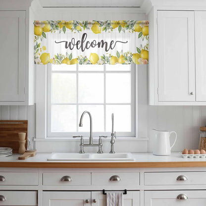 Country Sheer Curtain 18 Inch Long Welcome Yellow Lemon Farm White Background Light Filtering Rod Pocket Voile Curtain Valance for Bedroom Kitchen Cafe Window 54" W x 18" L