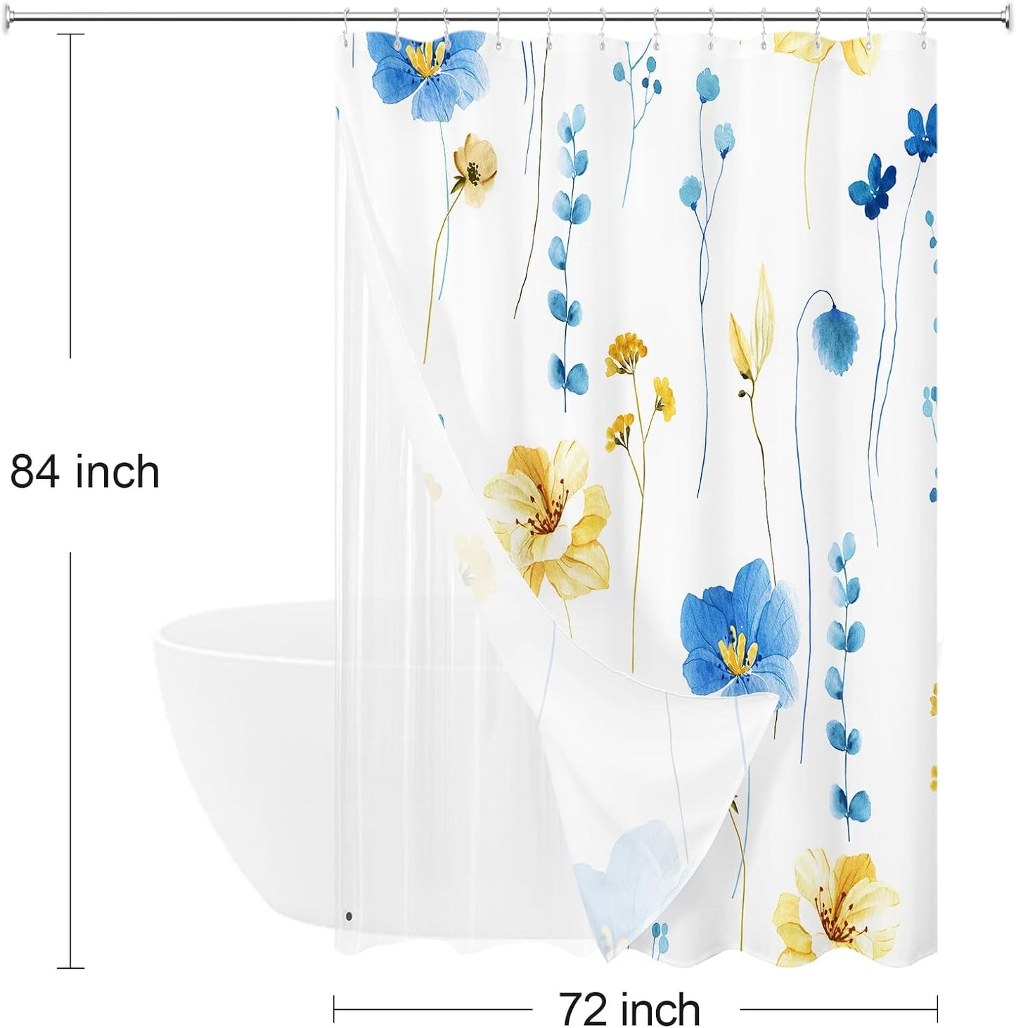 Gibelle Extra Long 3 in 1 Shower Curtain Set, Blue Yellow Watercolor Floral Bath Curtain and PEVA Liner Set with 12 Double Sided Steel Hooks, Waterproof Fabric Bathroom Curtain 72x84