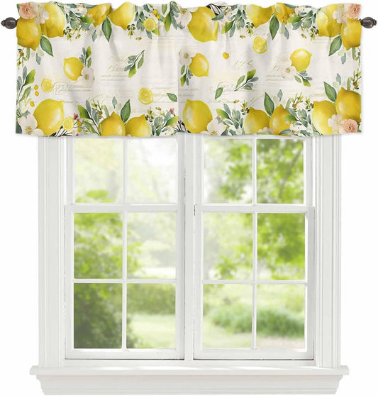 Country Valances for Windows, Vintage Yellow Lemon Flowers Linen Texture Kitchen Valance Light Filtering Rod Pocket Short Curtains for Kitchen Bathroom, 1 Panel, 54"x18"