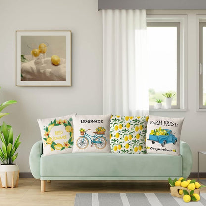YeeJu Set of 4 Summer Throw Pillow Covers 18x18 Inch Summer Decorative Lemon Truck Biycle Farmhouse Pillowcase Square Cotton Linen Cushion Covers for Summer Home Décor (18 by 18)