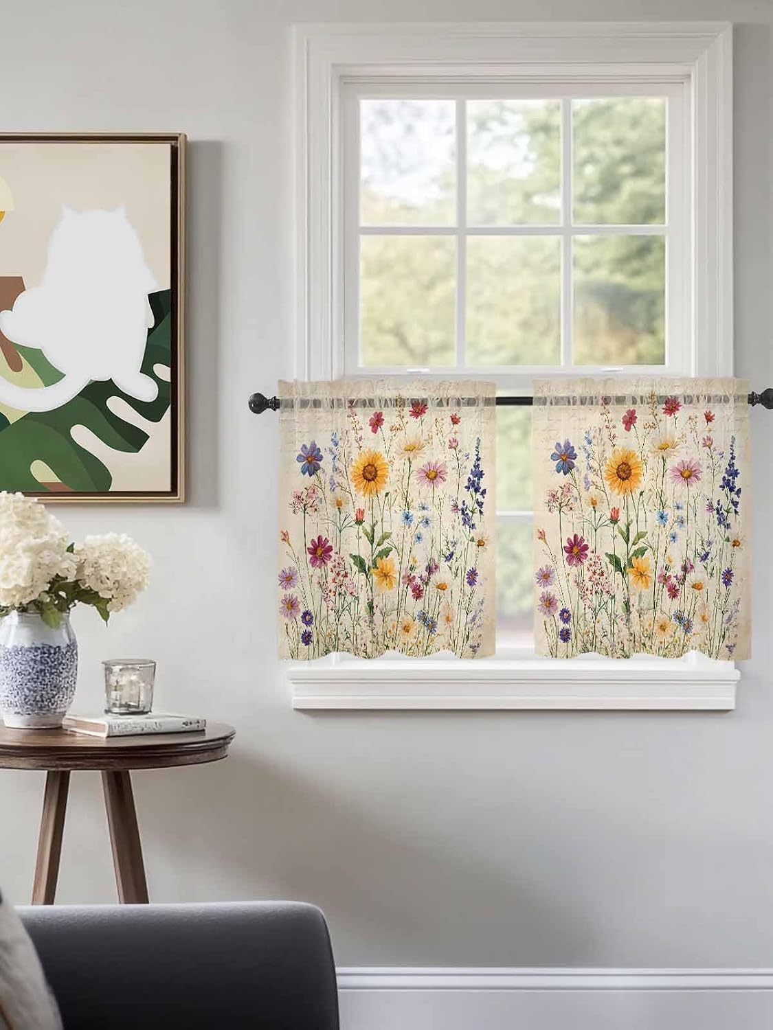 Botanical Floral Sheer Curtains for Bedroom Living Room Window Tier Curtain 24 Inch Length, Retro Purple Pink Yellow Wildflowers Rod Pocket Voile Drapes Kitchen Curtains Small Half Window 2 Panels