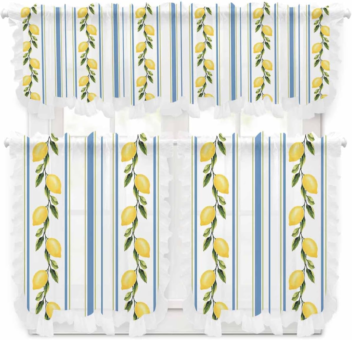 Lemon Sheer Kitchen Curtains and Valance Set Blue Striped Summer Fruit Ruffle Tier Curtain Light Filtering Small Window Drapes for Cafe Living Room, 3 Pieces, 54" x 36"