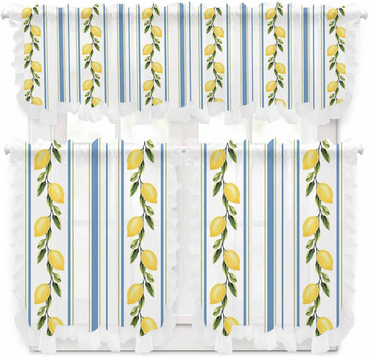 Lemon Sheer Kitchen Curtains and Valance Set Blue Striped Summer Fruit Ruffle Tier Curtain Light Filtering Small Window Drapes for Cafe Living Room, 3 Pieces, 54" x 36"