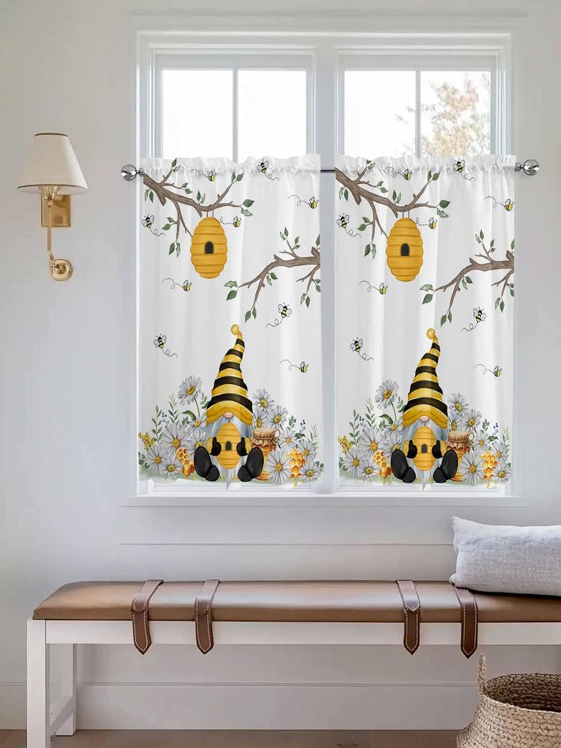 Yellow Gnomes Small Window Curtains 45 Inch Length, Bees Spring Floral Daisy Branches Rod Pocket Window Treatment Kitchen Drapes for Bedroom, Cafe, Living Room, 2 Panels, 27.5 W x 45 L