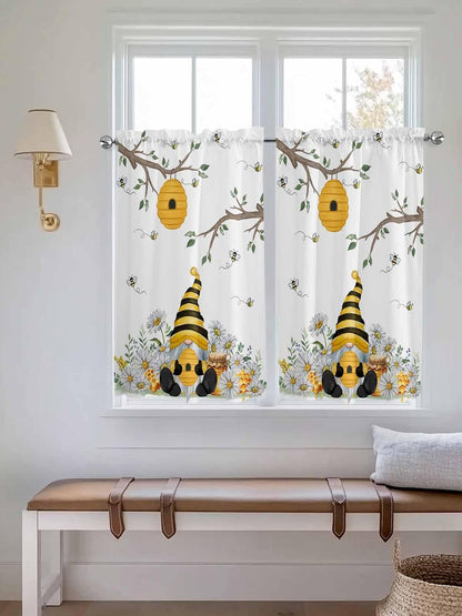 Yellow Gnomes Small Window Curtains 45 Inch Length, Bees Spring Floral Daisy Branches Rod Pocket Window Treatment Kitchen Drapes for Bedroom, Cafe, Living Room, 2 Panels, 27.5 W x 45 L