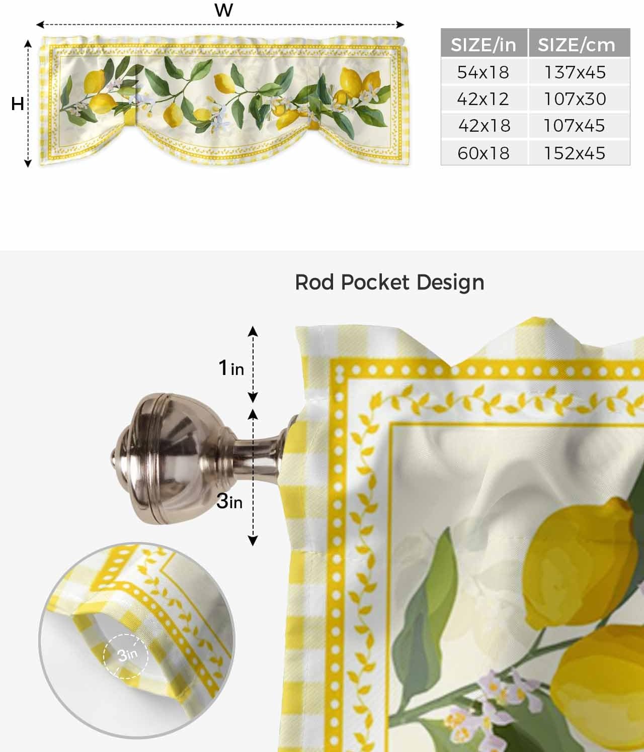 Semi-Sheer Kitchen Valances for Windows, Adjustable Tie Up Valances Curtains Light Filtering, Summer Fruit Lemon Plant Leaves Farmhouse Buffalo Plaid Check Elegant Window Toppers Valances 42x12in