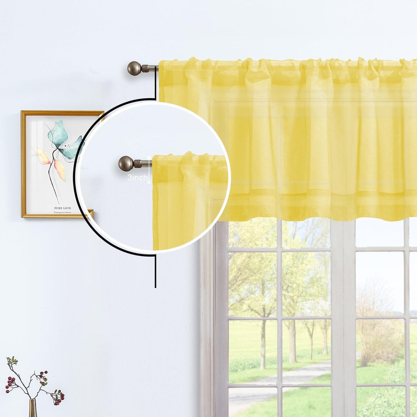 July Joy Yellow ValanceTextured Sheer Curtains for Kitchen，Light Filtering Window Drapes Semi Sheer Rod Pocket Small Curtains for Bathroom Farmhouse W 52 x L 18 inch, 2 Panels