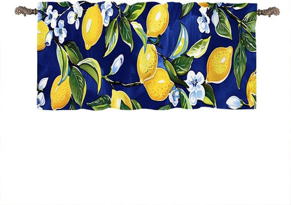 1 Panel Blue Floral Yellow Lemon Window Valances, Nature Food Fruit Window Treatment Decor Curtains Rod Pocket Valances for Kitchen/Living Room, 54" X 18"