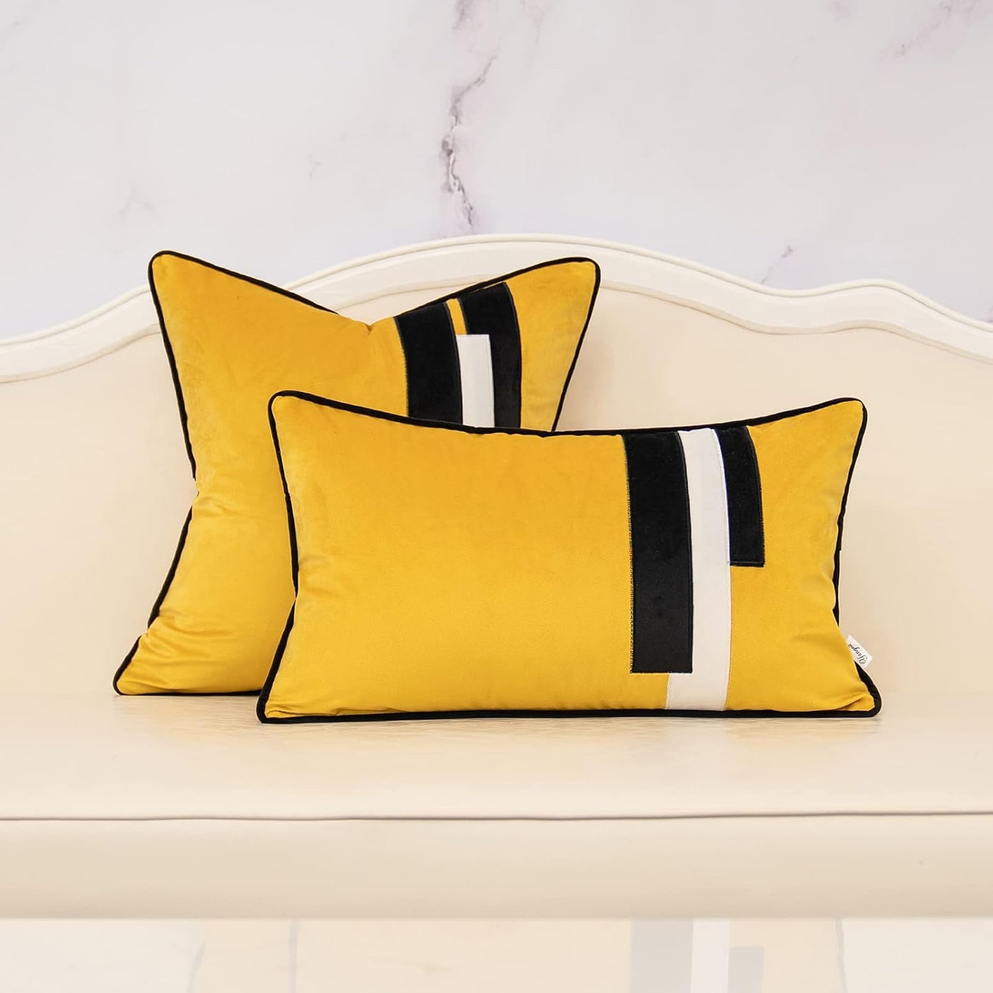 Yangest Yellow Decorative Velvet Throw Pillow Cover Striped Patchwork Cushion Case Modern 18x18 Inch Pillowcase for Sofa Couch Bedroom Living Room Home Decor