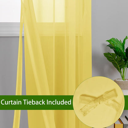 Hiasan Sheer Curtains for Bedroom with Tiebacks, Rod Pocket Light Filtering Lightweight Voile Window Curtains for Living Room, Kids' Room and Kitchen, Yellow, W52 x L45, Set of 2 Soft Drape Panels