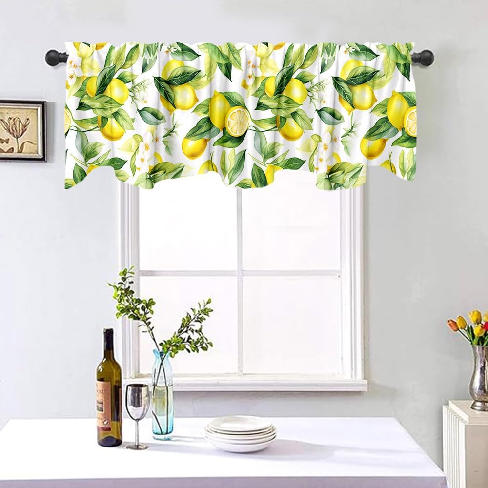Yongqian 18x54inch Lemon Fruit Window Treatment Valance Watercolor Print Green Leaves Yellow Lemon Window Valance with Rod Pocket Kitchen Dining Room Decoration
