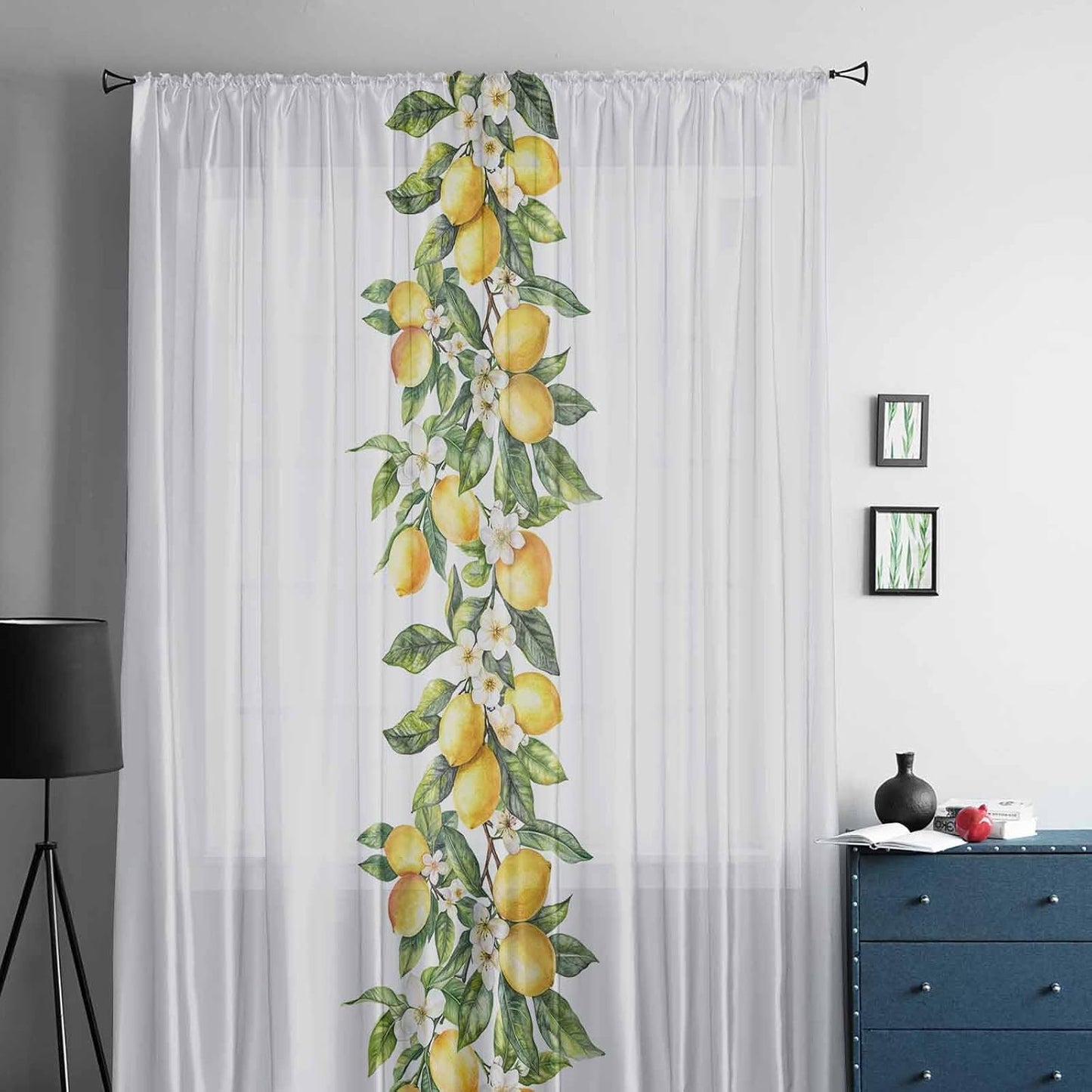 Yellow Lemon Sheer Curtains 84 Inches Long for Living Room/Bedroom, Simple Spring Botanical Fruit Leaves Flower Rod Pocket Voile Kitchen Curtains & Drapes Window Treatment 1 Panel, 52" W x 84" L
