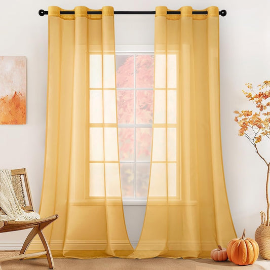 MIULEE 2 Panels Solid Color Sheer Curtains 84 Inch Length Set Fall Elegant Grommet Light Filtering Window Voile Panels/Drapes/Treatment for Bedroom Living Room W42 x L84 Inch, Mustard Yellow