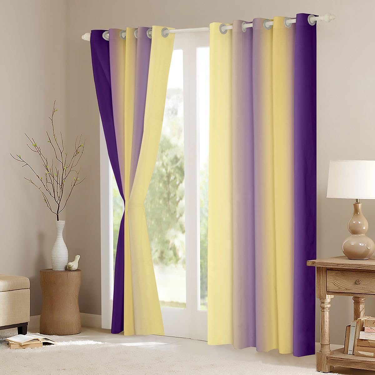 jejeloiu (2 Panels, 52 x 84 Inch Purple and Yellow Darkening Drapes Gradient Style Curtains for Bedroom for Kids Women Men Ombre Printed Blackout Curtains Geometric Window Treatments