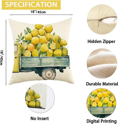 Ogiselestyle Watercolor Lemons Throw Pillow Covers, 18 x 18 Inch Yellow Summer Lemon Cushion Case for Sofa Couch Set of 4