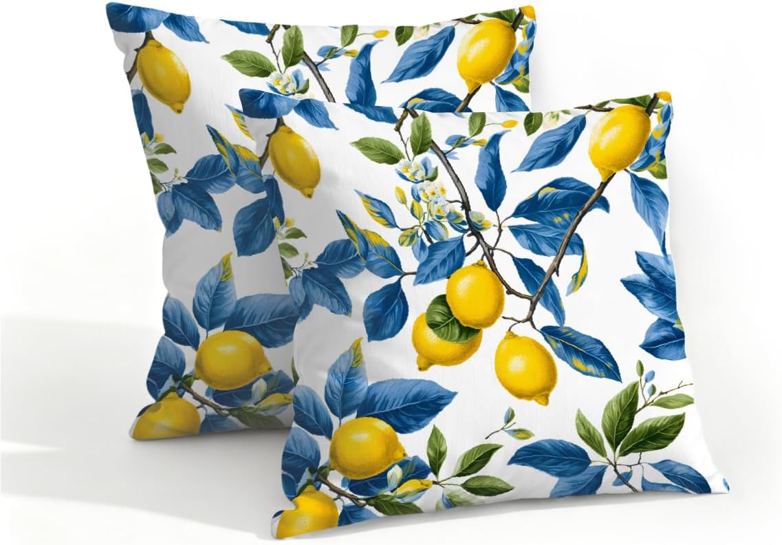 Outdoor Throw Pillow Covers Summer Lemon Blue Leaves Waterproof Square Pillow Case 16x16 inch Set of 2 Farmhouse Cushion for Patio Garden