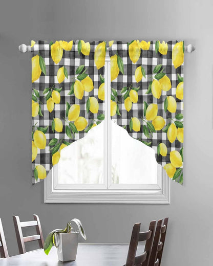 Yellow Lemon Swag Valances for Windows Summer Fruit Black Buffalo Plaid Country Semi Sheer Valance Curtains Voile Swags Topper Curtain for Kitchen Living Room Bedroom, 2 Panels, 36x36 Inch