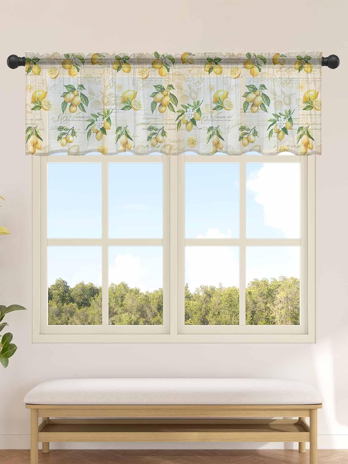 Yellow Lemons Valance Curtains for Kitchen/Living Room/Bathroom/Bedroom Window, Summer Botanical Fruit Leaves Country Rod Pocket Small Topper Half Short Window Curtains Voile Sheer Scarf, 54"x18"