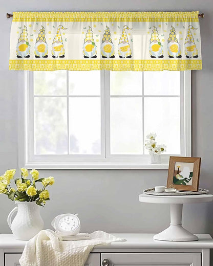 Sheer Valances for Windows Fruit Lemon Gnome Window Valances Rod Pocket Farmhouse Green Leaves Yellow Window Treatment Sheer Curtains for Kitchen Living Room Bedroom Bathroom 54x18in