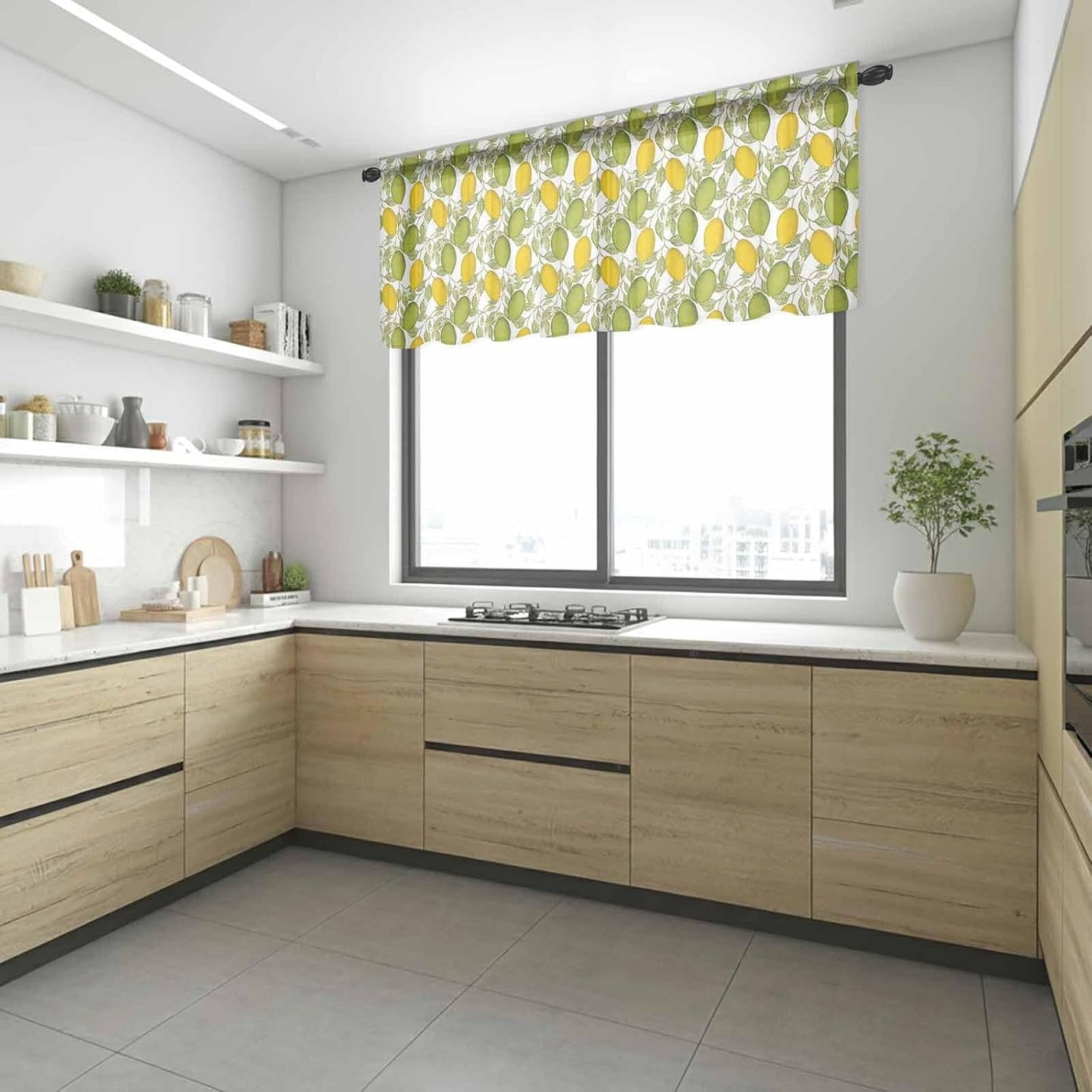 Sheer Window Valance Lemon Leaves Semi Voile Short Curtain Rod Pocket Flower Floral Bouquet Valances Window Treatment for Bedroom Living Room Kitchen 54x18in