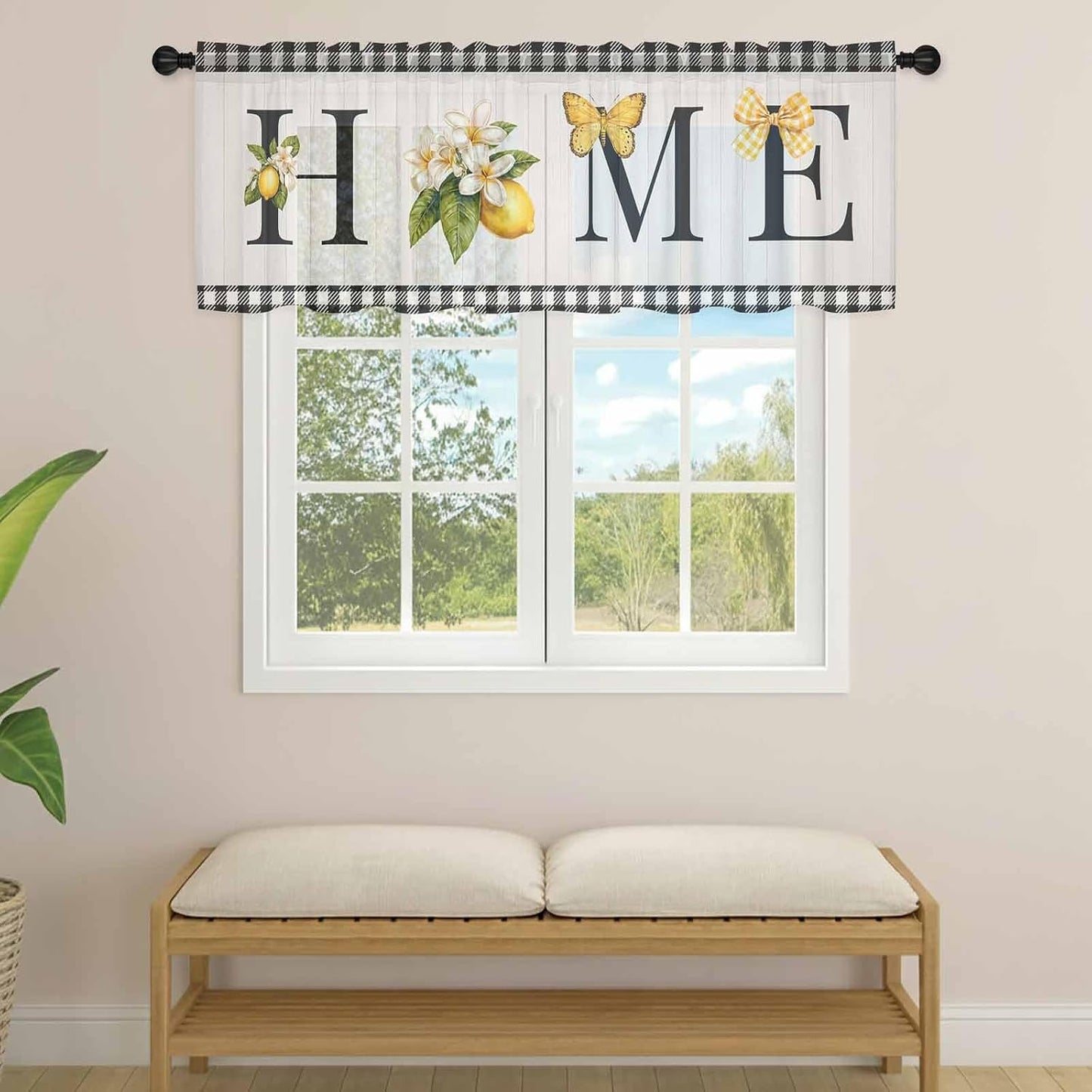 Farmhouse Lemon Sheer Curtains Valances for Windows Black Yellow Floral Buffalo Plaid Gray Chiffon Kitchen Valances for Cafe, Voile Window Treatments Curtains for Living Room Bedroom, 54"x18"