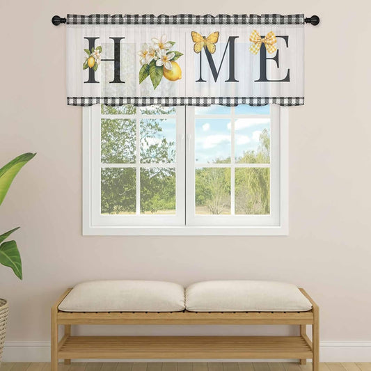 Farmhouse Lemon Sheer Curtains Valances for Windows Black Yellow Floral Buffalo Plaid Gray Chiffon Kitchen Valances for Cafe, Voile Window Treatments Curtains for Living Room Bedroom, 54"x18"