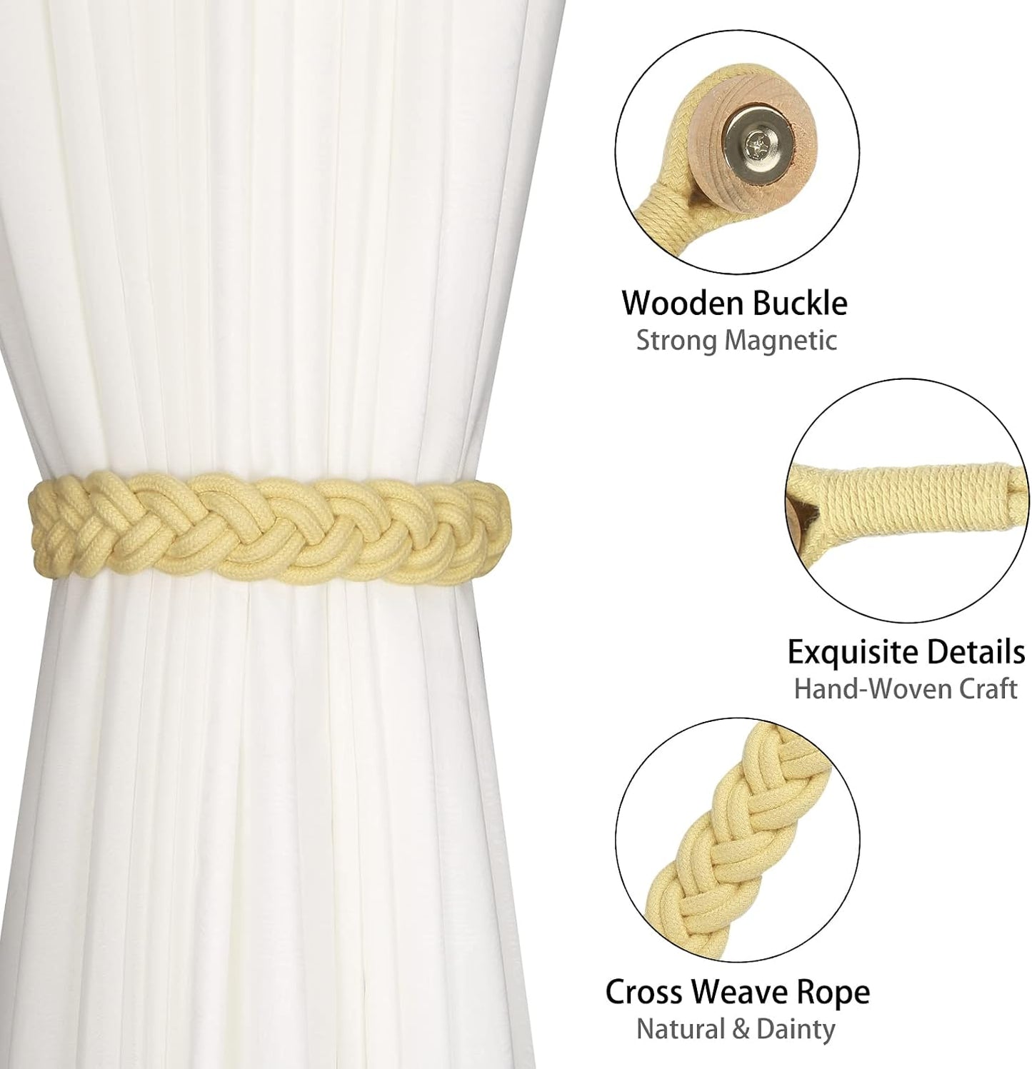BEL AVENIR Curtain Tiebacks Magnetic Woven Curtain Holdback Drapery Tie-Back (Yellow -2Pack)
