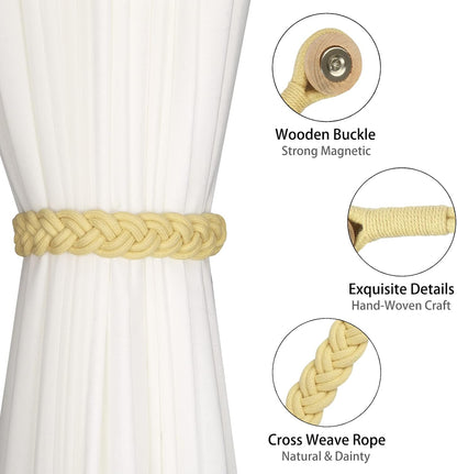 BEL AVENIR Curtain Tiebacks Magnetic Woven Curtain Holdback Drapery Tie-Back (Yellow -2Pack)