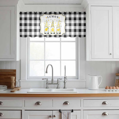 Sheer Window Valance Lemon Gnome Summer Fruit Plant Semi Voile Short Curtain Rod Pocket Buffalo Check Plaid Valances Window Treatment for Bedroom Living Room Kitchen 54x18in
