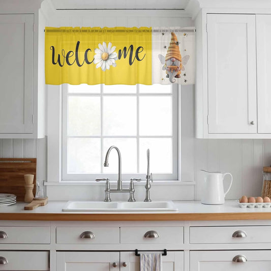 Honey Welcome Sheer Valance Curtains, Yellow Bee Gnome Wings Daisy Farmhouse Linen Light Filtering Kitchen Valances Rod Pocket Voile Curtain Window Treatment for Bedroom/Living Room/Basement 54Wx18L