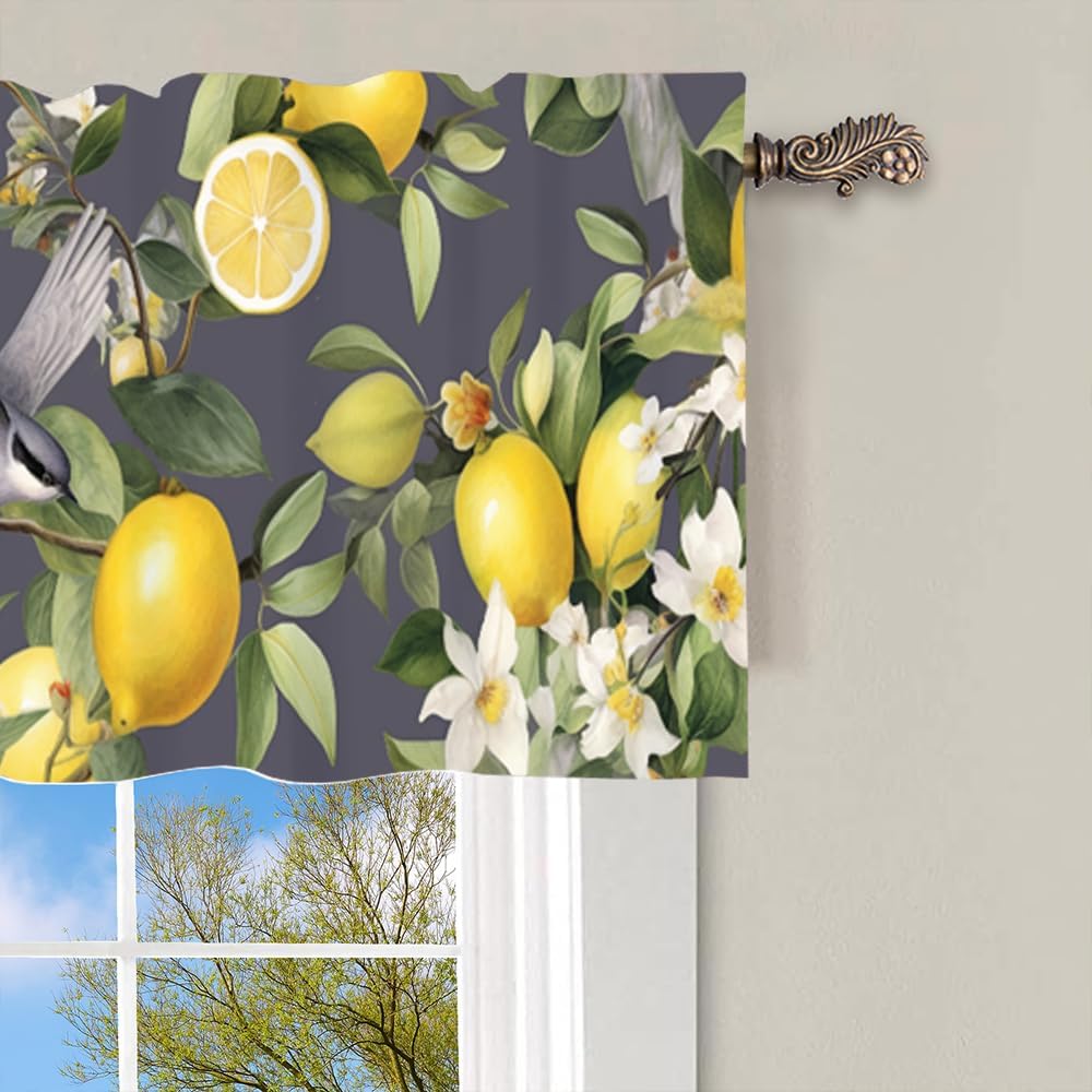 1 Panel Rustic Lemon Bird Window Valances, Yellow Fruit Food Window Treatment Decor Curtains Rod Pocket Valances for Kitchen/Living Room, 54" X 18"