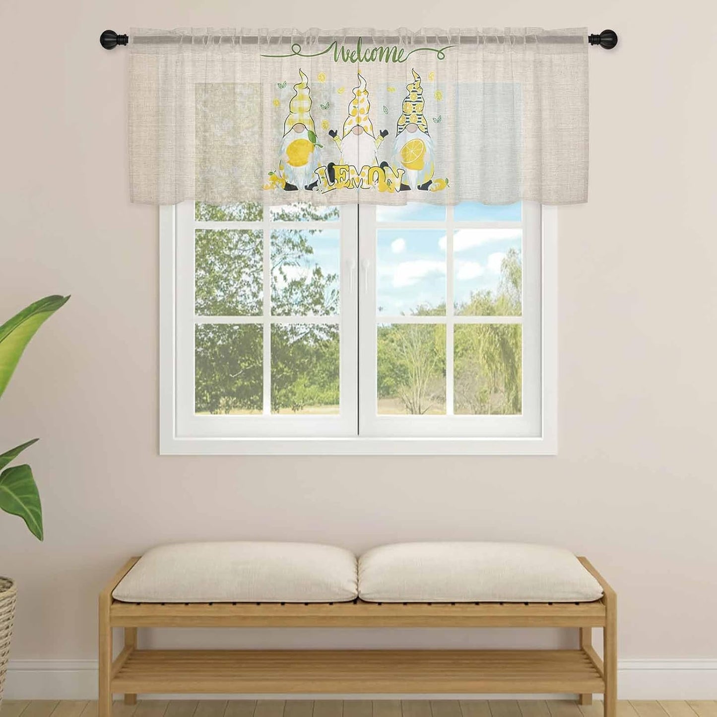 Sheer Valances for Windows Fruit Lemon Gnome Window Valances Rod Pocket Farmhouse Plant Floral Window Treatment Sheer Curtains for Kitchen Living Room Bedroom Bathroom 54x18in