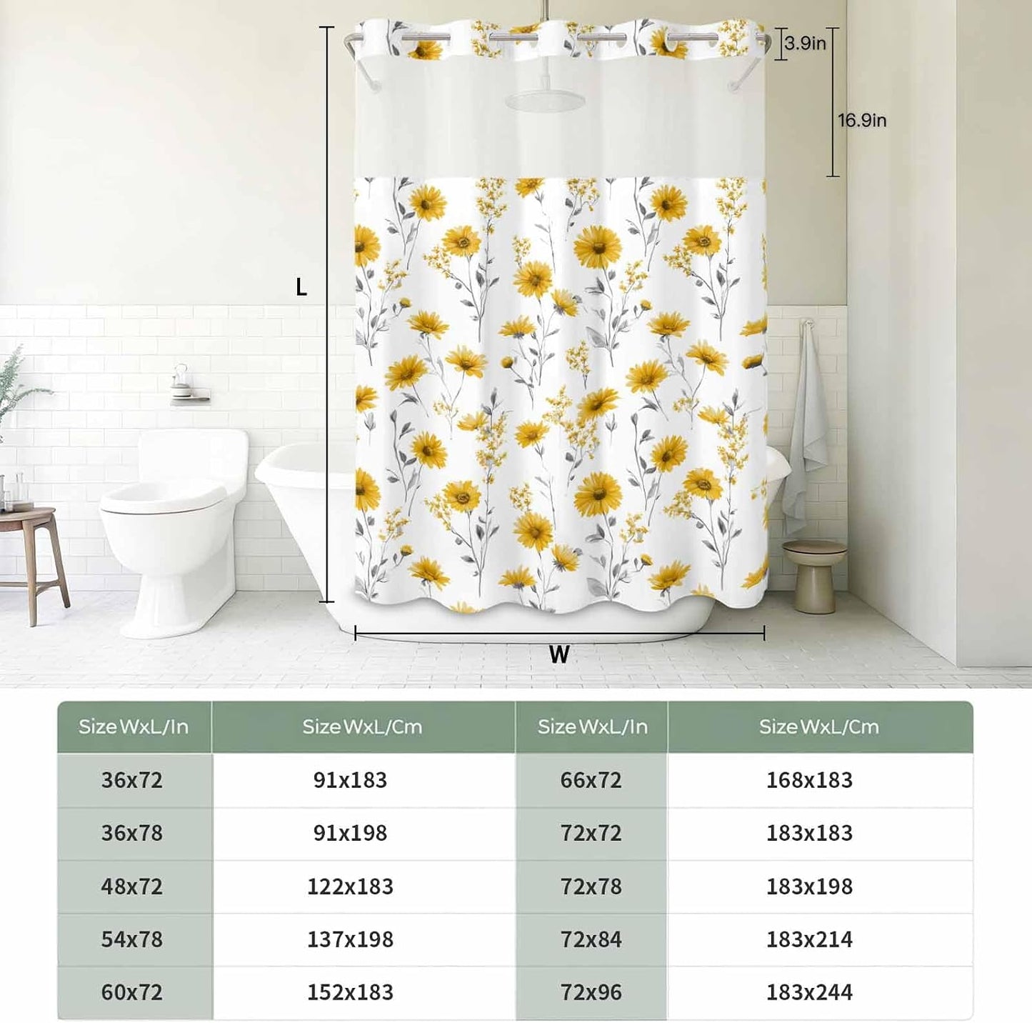 Floral Shower Curtain with No Hooks Snap in Liner Set, Yellow Flower Spring Bath Curtains See Through Sheer Top Window for Bathroom Hotel Style Decor,54"x78"