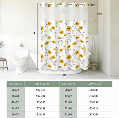 Floral Shower Curtain with No Hooks Snap in Liner Set, Yellow Flower Spring Bath Curtains See Through Sheer Top Window for Bathroom Hotel Style Decor,54"x78"