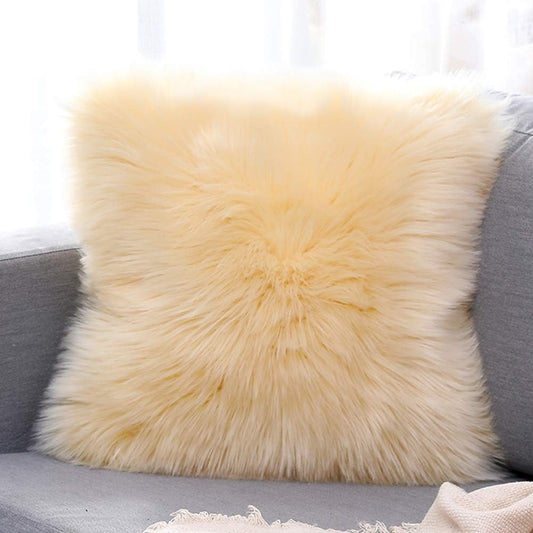 vctops Double-Sided Faux Fur Sheepskin Decorative Throw Pillow Cover Luxury Super Soft Plush Cushion Case for Sofa or Bed (18"x18",Light Yellow)