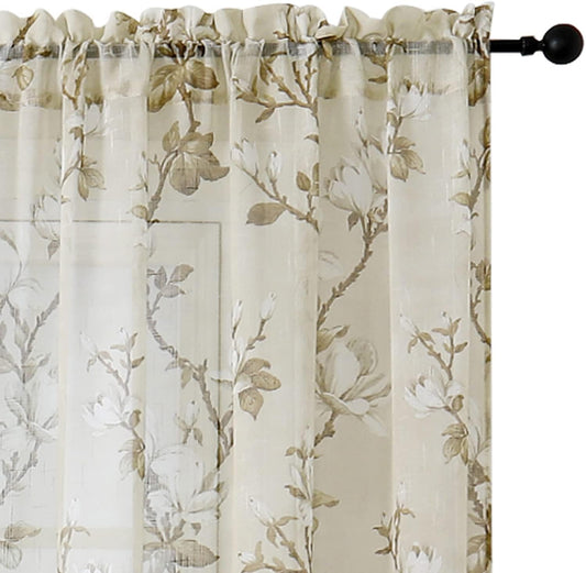 SMILE WEAVER Nature Yellow Sheer Curtains 84 inch Length for Living Room,Light Filtering Curtain 2 Panels,Voile Linen Textured Semi Sheer Floral Curtains for Bedroom/Kitchen Window Drapes