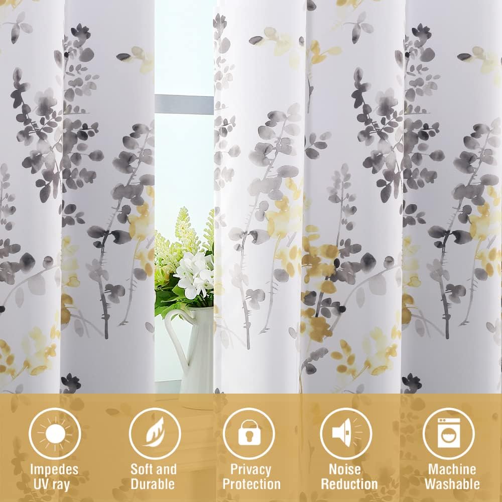 H.VERSAILTEX Floral Curtains 63 Inches Long Printed Pattern Room Darkening Curtains for Bedroom Rod Pocket Window Treatment Curtains, 2 Panels, Classical Floral Grey and Yellow