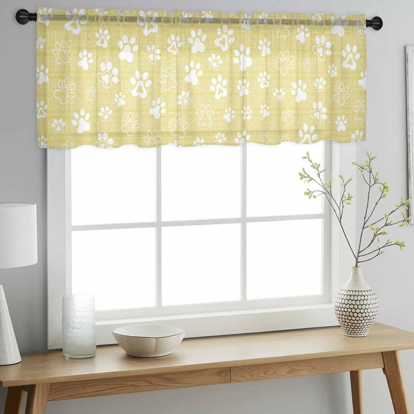 Lemon Yellow Dog Paw Sheer Curtains Valances for Windows Modern Geometric Abstract Aesthetics Chiffon Kitchen Valances for Cafe, Voile Window Treatments Curtains for Living Room Bedroom, 54"x18"