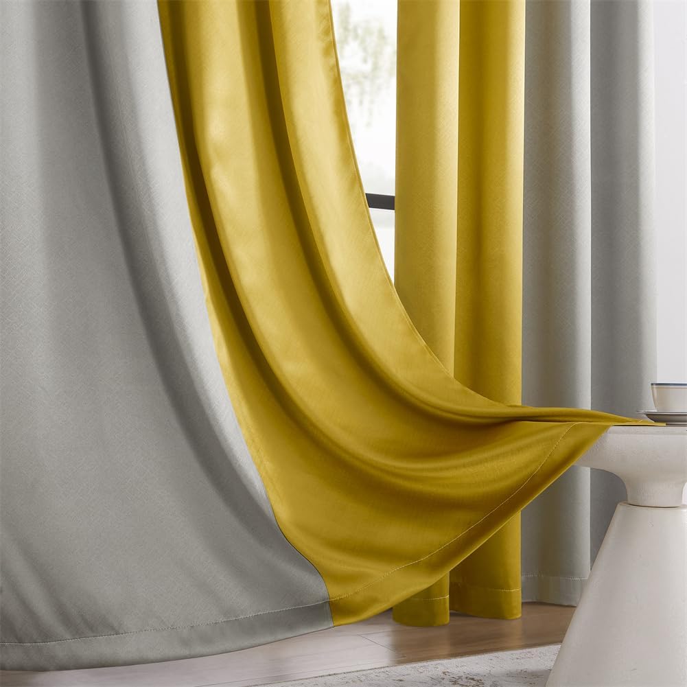 F-CHU 100% Blackout Curtains for Bedroom Grey and Mustard Yellow Patchwork Curtains Thermal Insulated Room Darkening Window Drapes for Living Room Grommet 63 inch Long 2 Panels