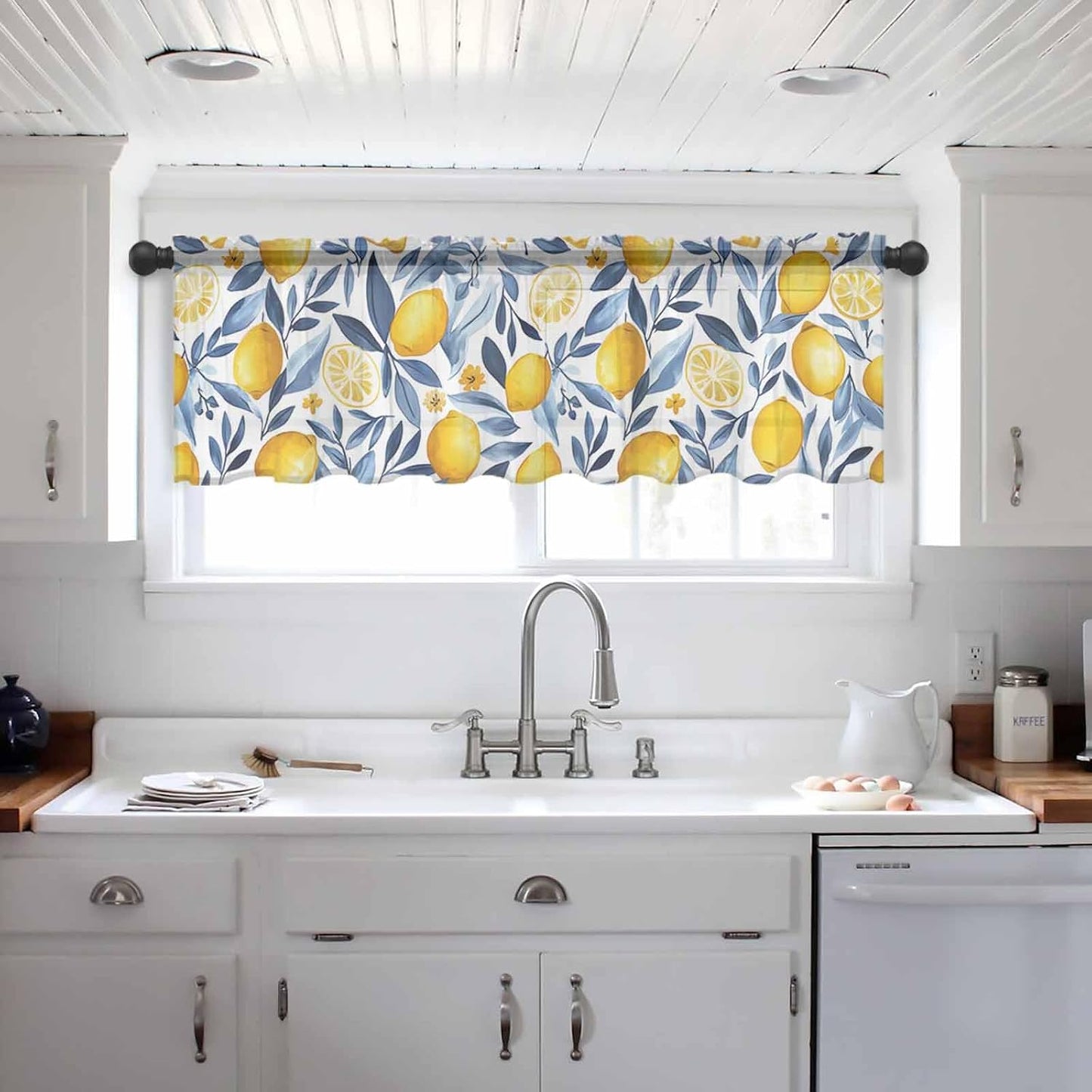 Yellow Lemon Valance Curtains for Kitchen/Living Room/Bathroom/Bedroom Window, Blue Flower Leaves Spring Summer Plant Rod Pocket Small Topper Half Short Window Curtains Voile Sheer Scarf, 54"x18"