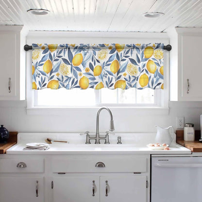 Yellow Lemon Valance Curtains for Kitchen/Living Room/Bathroom/Bedroom Window, Blue Flower Leaves Spring Summer Plant Rod Pocket Small Topper Half Short Window Curtains Voile Sheer Scarf, 54"x18"