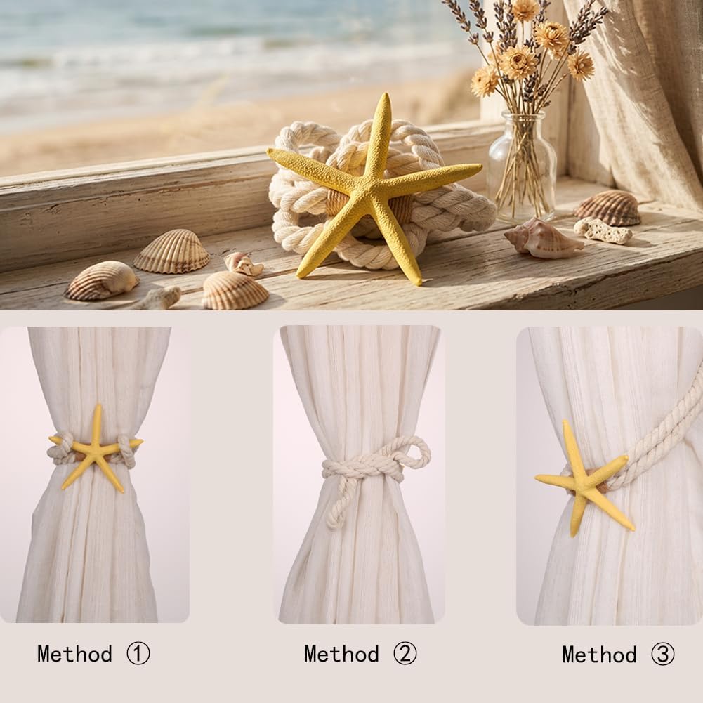4PCS Starfish Curtain Tiebacks - Hand-Woven Rope Tiebacks for Indoor & Outdoor Decor, Perfect for Coastal Bedroom Curtains & Living Room Window Decor (Yellow)