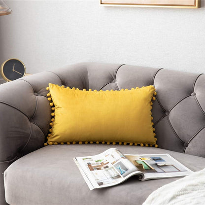 DEZENE Couch Pillow Covers 12x20 Yellow: 2 Pack Cozy Soft Pom-poms Velvet Rectangular Throw Pillow Cases for Farmhouse Home Decor